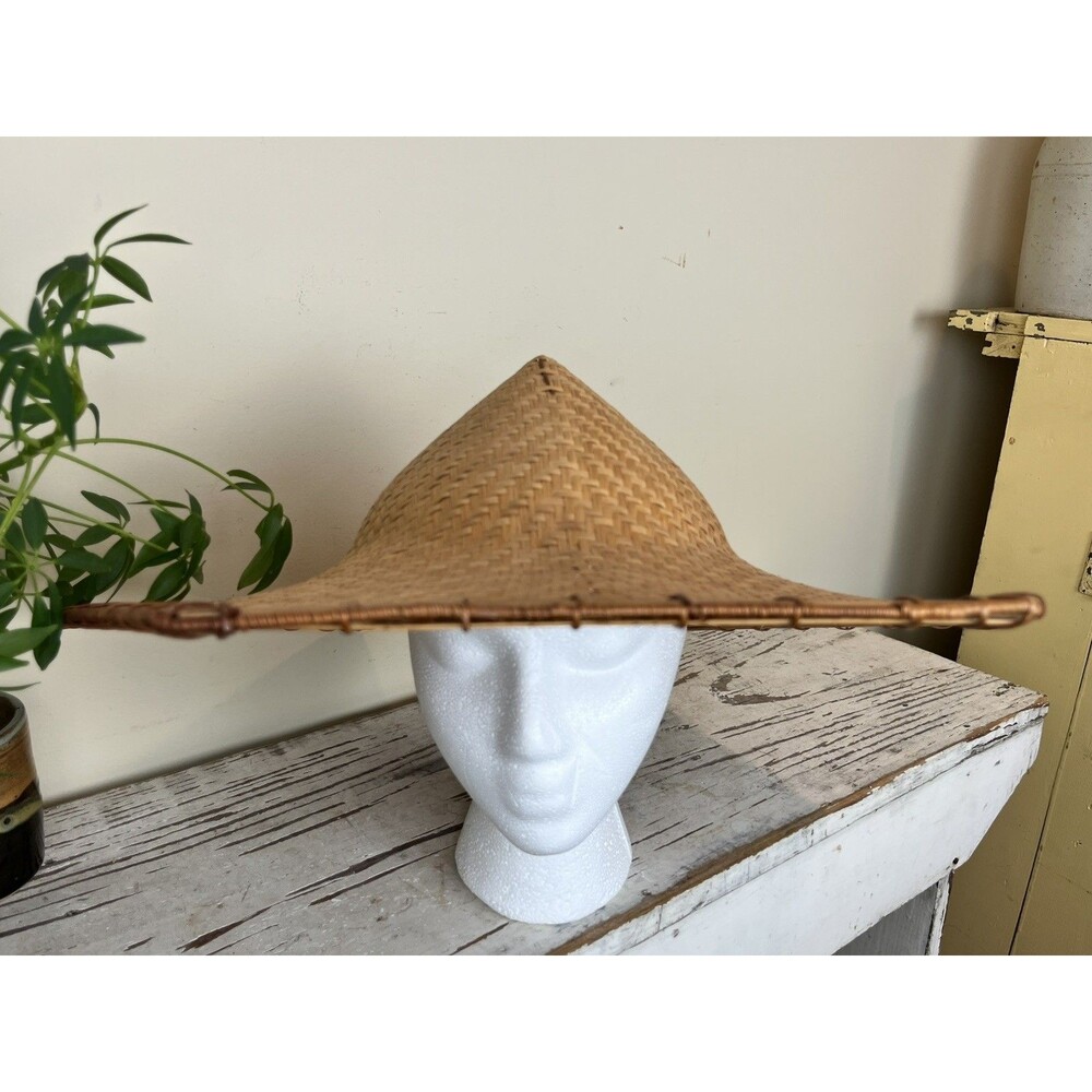 Antique Asian Ornate Hexagon Bamboo Woven Coolie Hat 20” x 17” x 7” Rare